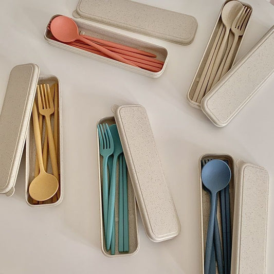 [Over 16,000 sold] Carrying out~Clean and hygienic wheat straw material portable tableware, forks, spoons, chopsticks set