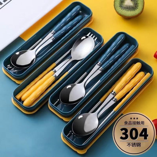 [Over 30,000 sold] Three pieces of stainless steel 304 portable tableware, chopsticks, spoons, forks, single person eating spoons for pinic, children, primary and secondary school students