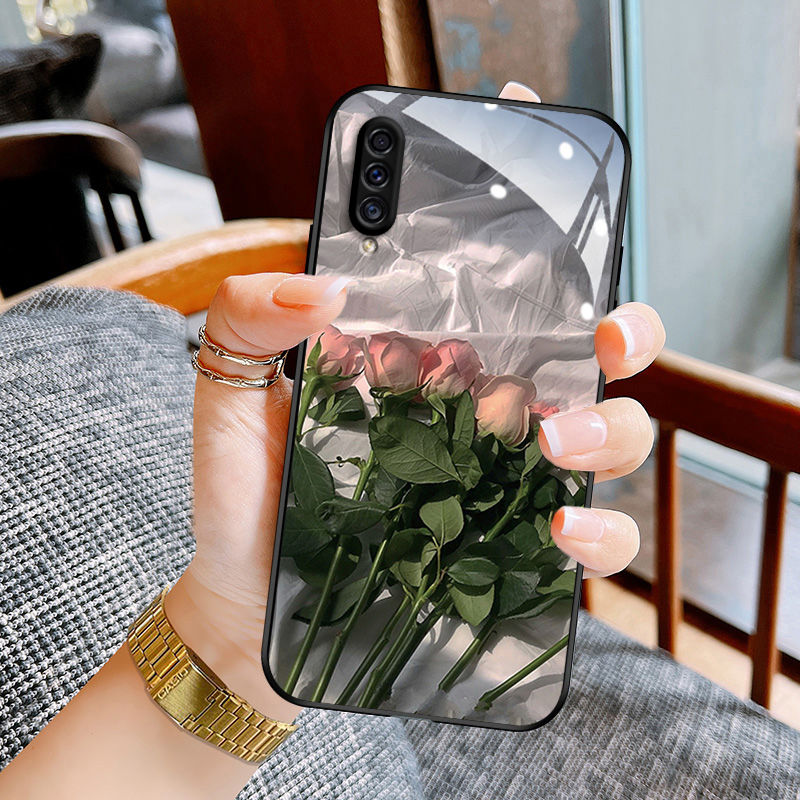 Samsung and OPPO User, Phone case new internet famous glass ultra-thin full edge protective case pleated rose