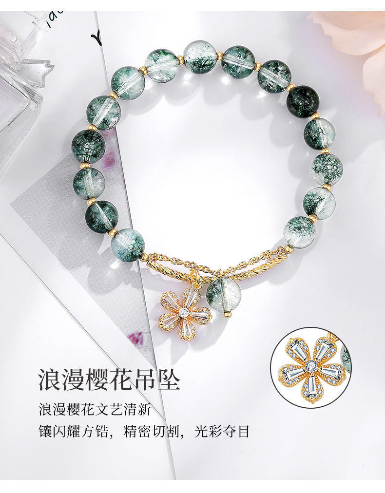 Cherry Blossom Green Ghost Bracelet Female Ins Niche Design New Transfer Crystal Bracelet Beads Birthday Gift for Girlfriends, One price Two bends