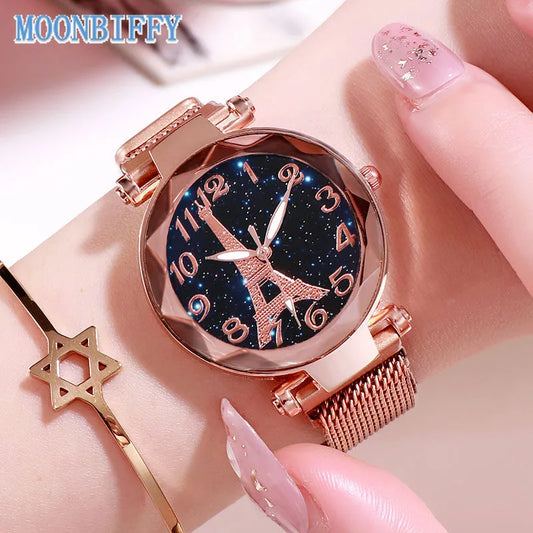 Eiffel Tower Star Watch for Women Simple Luxury Mesh Steel Belt Watch Ladies Dress Party Wristwatch Relógio Feminino Gifts