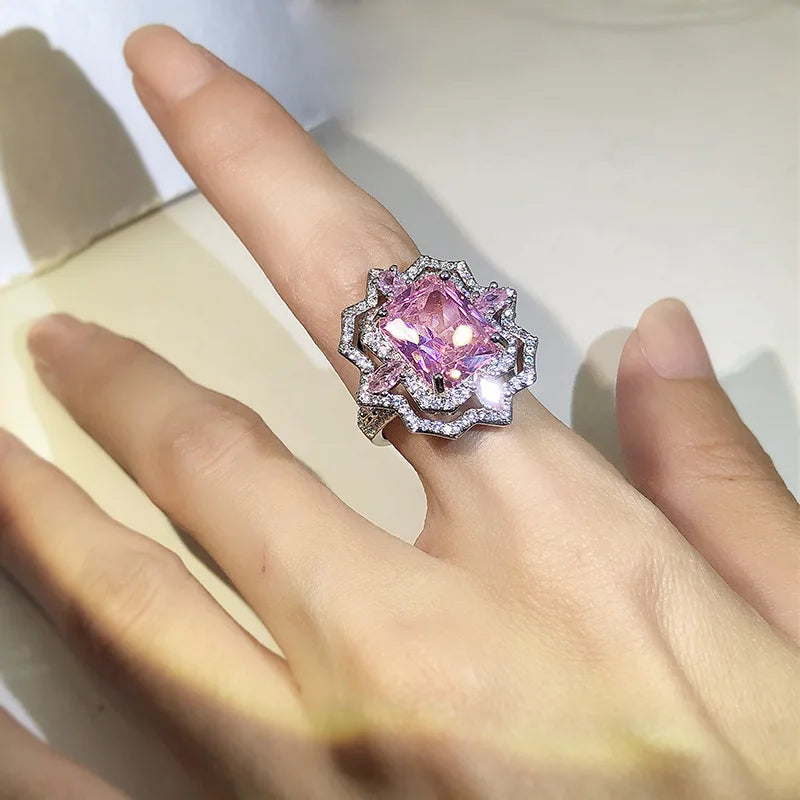High Carbon Diamond Pink Ice Flower Cut Opening Ring Female 925 Silver Ladies Fashion Flower Ring Party Birthday Wedding Jewelry